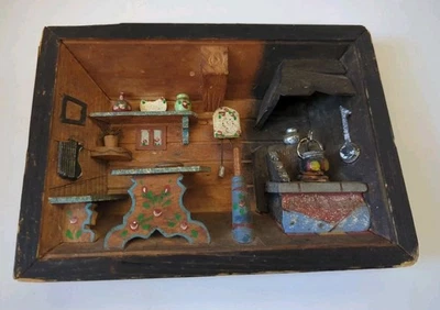 Vintage Miniature 3D Wood Diorama Shadow Box of Kitchen Stove Butter Churn - Image 1 of 4