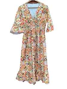 NEW WITHOUT TAG YELLOW ORANGE ABSTRACT DESIGN LONG SUMMER DRESS SIZE 16 2XL - Picture 1 of 3