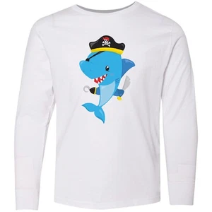 Inktastic Pirate Shark, Cute Shark, Little Shark, Blue Youth Long Sleeve T-Shirt - Picture 1 of 4