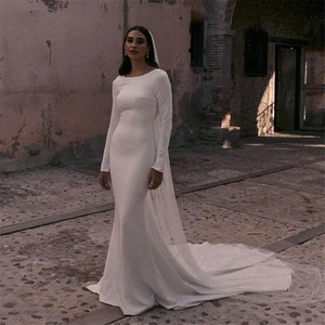 Elegantes Vestidos de Novia Sirena Cuello Redondo Mangas Largas Barrido Tren Vestidos de Novia - Imagen 1 de 9