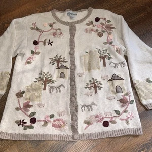 VTG Sweater Cardigan Rose Horse Tree Floral Embroidered Granny Cottagecore L - Picture 1 of 13