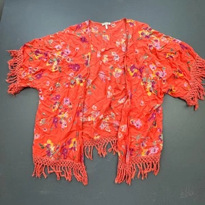 O’Neill Kimono Damen L rot Blumen transparent Fransen Boho Festival Strand Cover Up - Bild 1 von 6