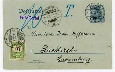 Luxembourg POSTAGE DUE-Sc#J2-DIEKICH 21/4/08-SHORT PAID GERMAN POSTAL CARD-WITH - Image 1 of 2