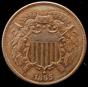 KAPPYSCOINS G8595 1865 UNC BU RB CIVIL WAR USED AND DATED TWO CENT LUSTER - Picture 1 of 2