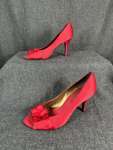 THE TOUCH OF NINA Womens Heels Red Satin Open Peep Toe W/ Ruffled Bow| 9M - Picture 1 of 22