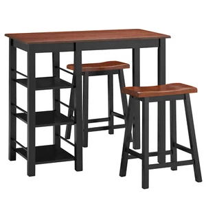 3 PCS Counter Height Dining Table Set w/2 Storage Shelves & Saddle Stools Walnut - Picture 1 of 7