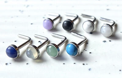 1pc Semi-Precious Stone Set 20g L-Bend Nose Ring Stud Screw 316L Surgical Steel - Image 1 of 4