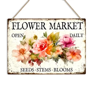 Insegna in metallo mercato dei fiori vintage placca da parete floreale rustico fiorista negozio arte regalo - Foto 1 di 16