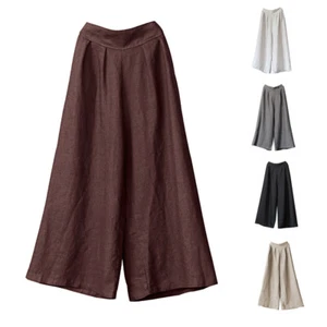 Womens Cotton Linen Wide Leg Trousers Ladies Casual Long Palazzo Culottes Pants - Picture 1 of 17