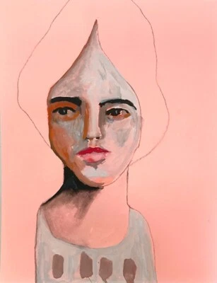 Expressive Original Portrait Painting 8.5x11 Woman Naive Art Pale Blue Coral - Image 1 of 4