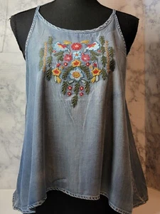 Samt Herz Tank Top Damen Gr. S bestickt Blumen blau Denim ärmellos  - Bild 1 von 8