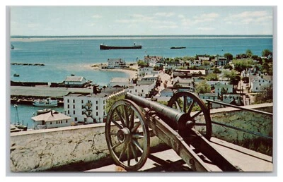 Postcard Fort Mackinac Island Cannon Aerial View Ships Town Buildings Michigan - Image 1 of 2
