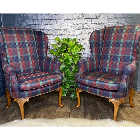 Vintage Baker Furniture Upholstery Wingback Chairs Plaid Mid Century Cover