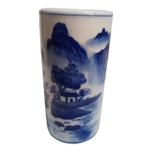 Chinese Blue & White Porcelain Vase Utensil Holder Nature Mountain Fishing Theme - Picture 1 of 10
