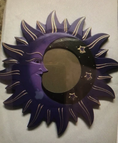 MOON & STARS MIRROR 16” Hand Carved & Painted NEW PURPLE VTG Cover
