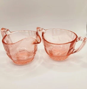 Rose Colored Creamer Pitcher And Sugar Bowl Set, Art Deco Indiana Glass Etched - Picture 1 of 8