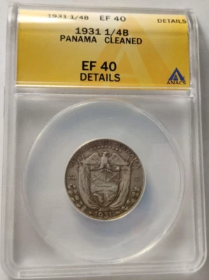 1931 PANAMA BALBOA SILVER 1/4 Fourth QUARTO EF XF 40 Details ANACS RARE COIN! 3A - Image 1 of 4