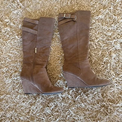 Jessica Simpson Wedge Heel Boots Tan Faux Suede Size Zipper and Strap Detail 8 M - Image 1 of 4