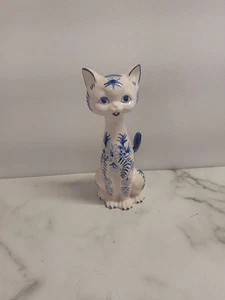 Vintage Blue White Ceramic Cat Figurine Made in Japan 8" SEE Description Chigger - Picture 1 of 11