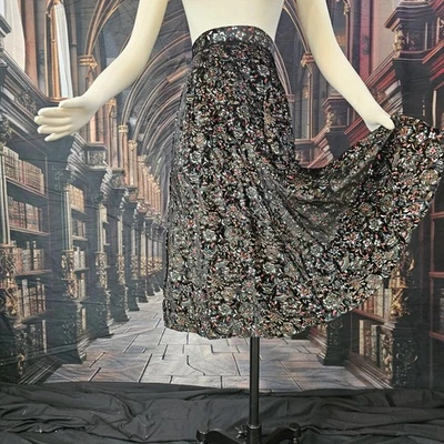 Vintage 1970s Skirt Velvety Black Floral Print A-line  - Image 1 of 4