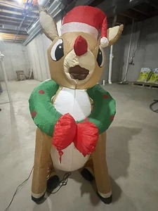 Vintage 3.5 Ft GEMMY LED RUDOLPH THE RED NOSED REINDEER With Wreath INFLATABLE - Picture 1 of 14