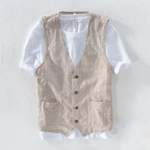 Hombre Lino de verano Chaleco de algodón Traje Chaleco sin mangas Top Casual Stripe L-7XL - Imagen 1 de 9