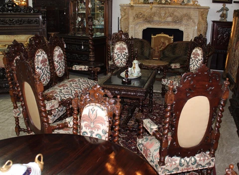 Antique Black Forest Hunt Barley Twist Oak 10 Piece Salon Couch Set C 1860 Cover