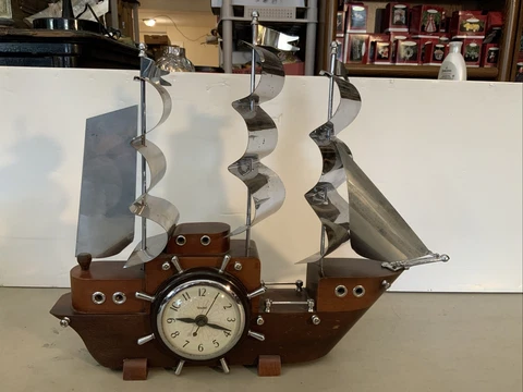 WORKS! Vintage Wood Nautical Sailing Boat Ship Electric Clock UNITED Cover