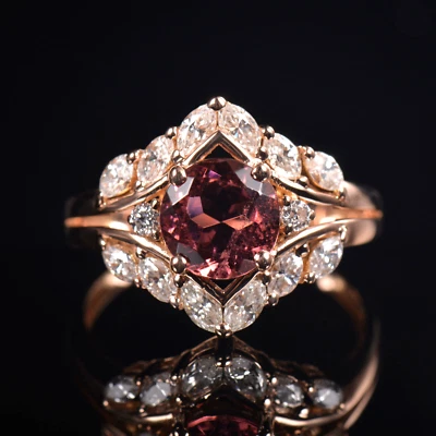 Anillo de compromiso de turmalina rosa diamante marquesa natural para mujer de oro rosa de 18 quilates Foto 1 de 4