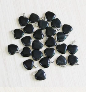 Black Obsidian Stone Heart Pendant with Snake Chain Necklace - Picture 1 of 2
