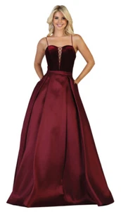 FORMAL PLEATED SATIN PROM DRESS SIMPLE SPAGHETTI STRAP EVENING GOWN WITH POCKETS - Picture 1 of 7