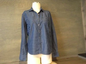 Womens Halogen Button Up Front Shirt Blouse Top BLUE STRIPED PETITE Small EUC  - Picture 1 of 7