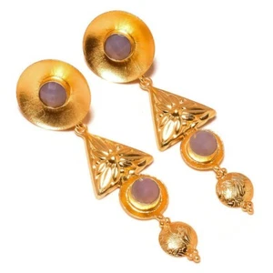 Gray Moonstone Round Gemstone Gold Plated Handmade Carving Drop Dangle Earrings - Picture 1 of 3