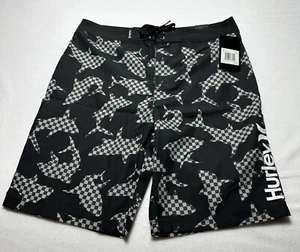 New Hurley Boys Shark Black Checkered Board Shorts Size 18/29Inseam 8” NWT - Picture 1 of 12
