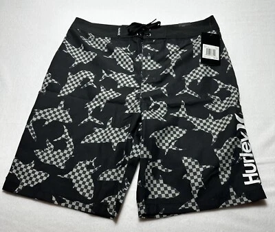 New Hurley Boys Shark  Black Checkered Board Shorts Size 18/29Inseam 8” NWT - Image 1 of 4