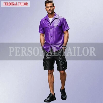 MEN'S LAMBSKIN PURPLE & BLACK LEATHER LAPEL COLLAR SHIRT AND SHORTS CARGO POCKET - Image 1 of 2