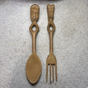 Vintage African Hand Sculpted/Carved Wooden 28 Inch! Fork Spoon Wall Decor! - Picture 1 of 8