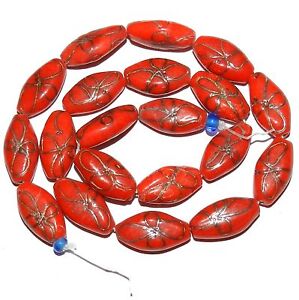 G3546 Red Opaque Copper Glitter Swirl 22mm Oval Marquise Lampwork Glass Bead 16"