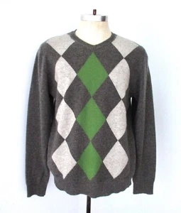 Apt 9 gray green argyle diamonds harlequin 100% cashmere v-neck sweater Mens L - Picture 1 of 5