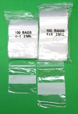 4" Zip Seal Lock Bags 2 Sizes White Block 100 of Each 4" x 4" and  4" x 6" Bags - Image 1 of 4