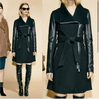 Casaco longo Mackage Hemy manga de couro lã assimétrico preto tamanho grande - Imagem 1 de 4