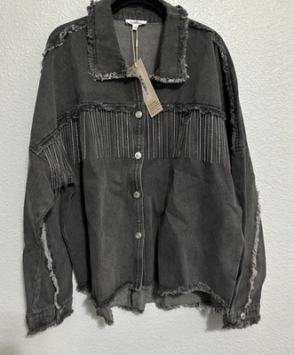 Новый с Ярлыками GeeGee Plus - черный джинсовой куртки с кисточки детализация и бедствия - размер 1 X - Изображение 1 из 4