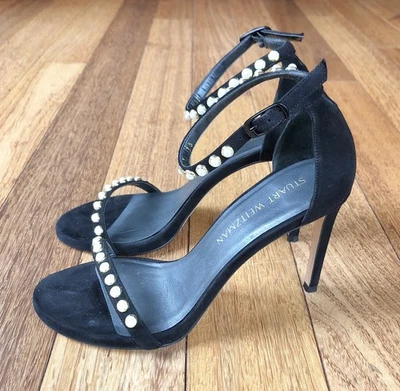 Stuart Weitzman Black Suede Pearl Stud Open Toe Heeled Sandals, Size 38 - Image 1 of 4