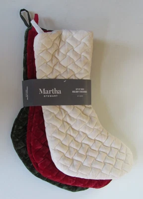 Martha Stewart QUILTED VELOUR Christmas Holiday Stockings Set of 3 MULTI 22" NEW - Image 1 of 2