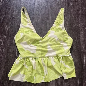 Kortni Jean Lime Green Leaf Print Tankini Swim Top Ruffled Peplum V Neck Women's - Picture 1 of 5