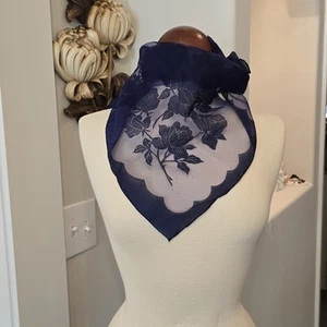 Sheer Dark Navy Floral Scarf Hand Rolled Sewn Vintage Greece 25x25 Inches  - Picture 1 of 8