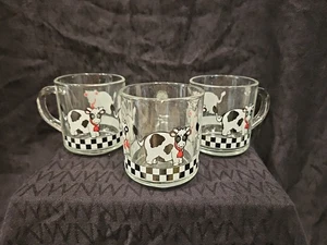 3er Set Vintage Tassen.  Klarglasbecher mit niedlichen Kühen & Karomuster.  - Bild 1 von 7