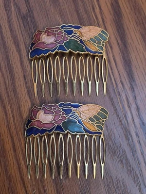 Vintage Cloisonne Enamel Hair Comb Butterfly Floral Blue Pink Gold Tone Set Of 2 - image 1 of 3
