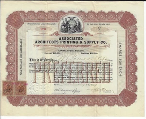 Certificado de stock MASSACHUSETTS 1909 Associated Architects Printing & Supply Co - Imagen 1 de 2