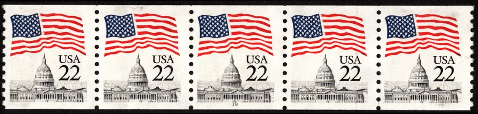 US Stamp Scott # 2115 Plate # 19 Strip of 5 PNC5 Used 22 Cents Flag Over Capitol - Image 1 of 1
